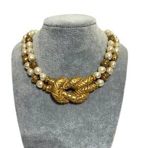 Vintage 1988 FM Double-Strand Faux Pearl Gold Tone Braided Necklace